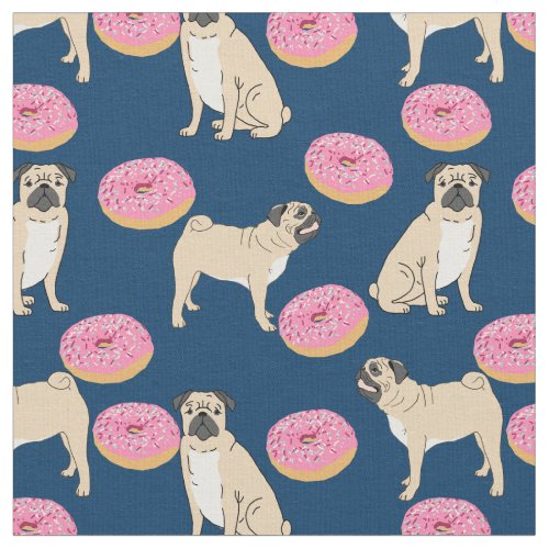 Pugs and pink donuts navy blue fabric