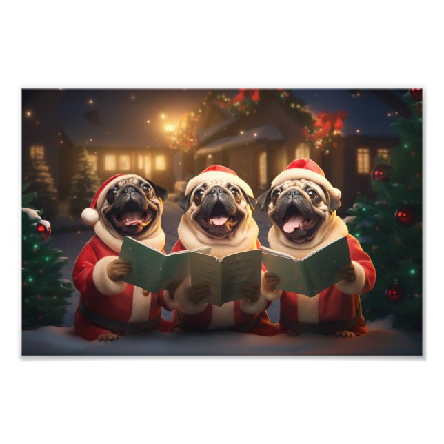 Pugs Christmas Caroling Festive Holiday Photo Print (Front)