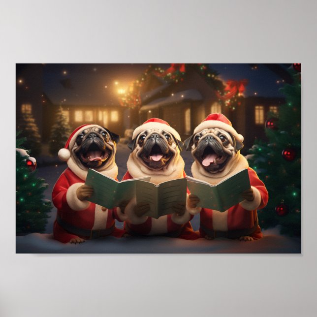 Pugs Christmas Caroling Festive Holiday Poster (Front)