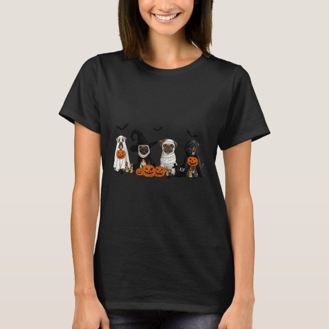 Pugs Dog Lovers - Pug Ghost Pug Witch Pug Hallowee T-Shirt (Front)