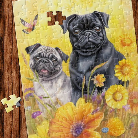 Pugs Fawn Black Yellow Wildflowers Puppy Dog Lover Jigsaw Puzzle