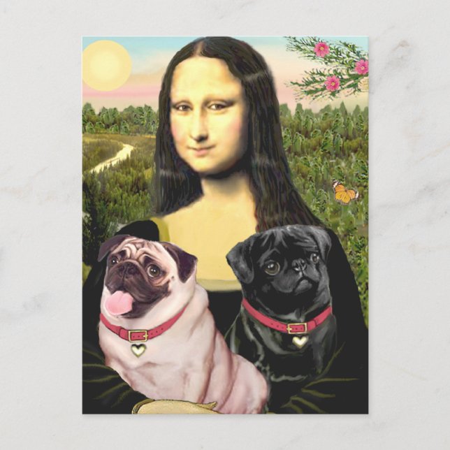 Pugs (Fawn + Blk) - Mona Lisa Postcard (Front)