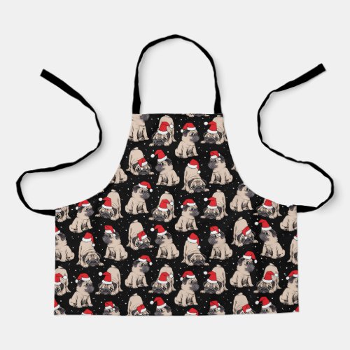 Pugs in Santa Hats Christmas Pattern Apron