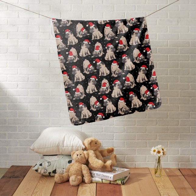 Pugs in Santa Hats Christmas Pattern Baby Blanket (In Situ)