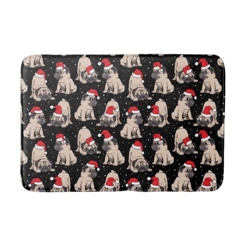 Pugs in Santa Hats Christmas Pattern Bath Mat