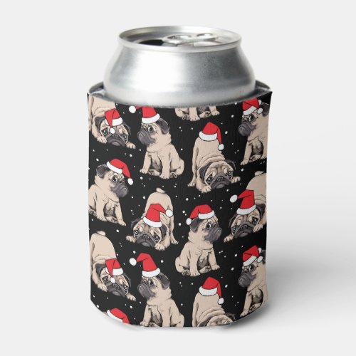 Pugs in Santa Hats Christmas Pattern Can Cooler