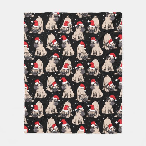 Pugs in Santa Hats Christmas Pattern Fleece Blanket