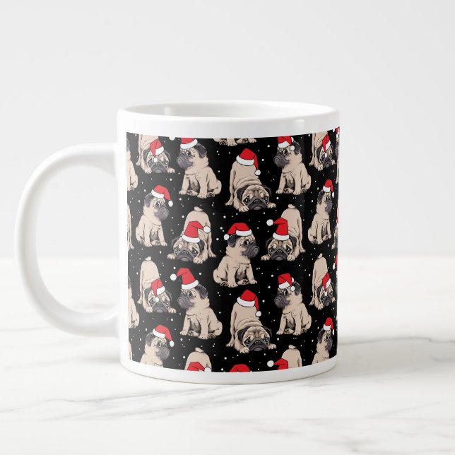 Pugs in Santa Hats Christmas Pattern Giant Coffee Mug (Left)