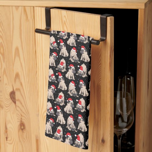 Pugs in Santa Hats Christmas Pattern Kitchen Towel