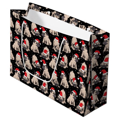 Pugs in Santa Hats Christmas Pattern Large Gift Bag