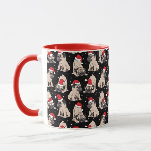 Pugs in Santa Hats Christmas Pattern Mug