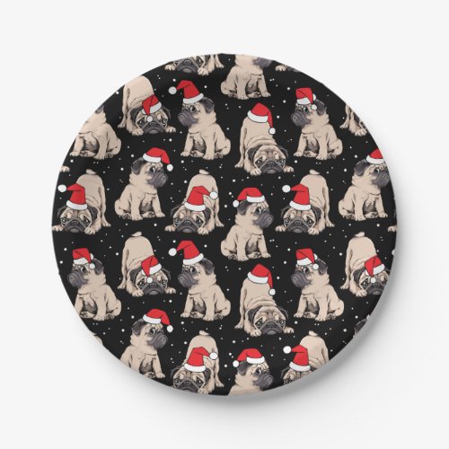 Pugs in Santa Hats Christmas Pattern Paper Plates