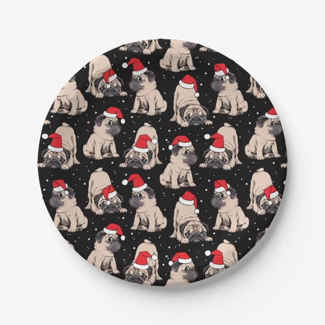 Pugs in Santa Hats Christmas Pattern Paper Plates (Front)