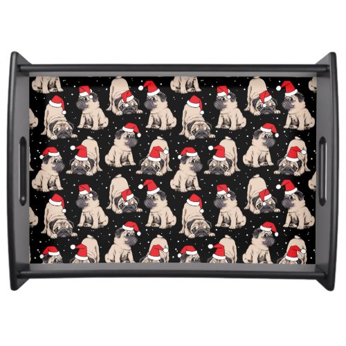 Pugs in Santa Hats Christmas Pattern Serving Tray