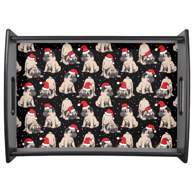 Pugs in Santa Hats Christmas Pattern Serving Tray (Front)