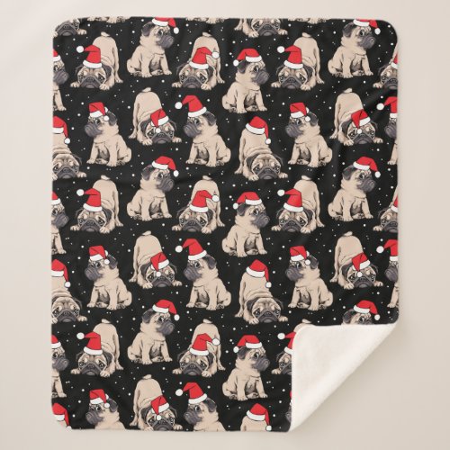 Pugs in Santa Hats Christmas Pattern Sherpa Blanket