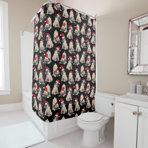 Pugs in Santa Hats Christmas Pattern Shower Curtain