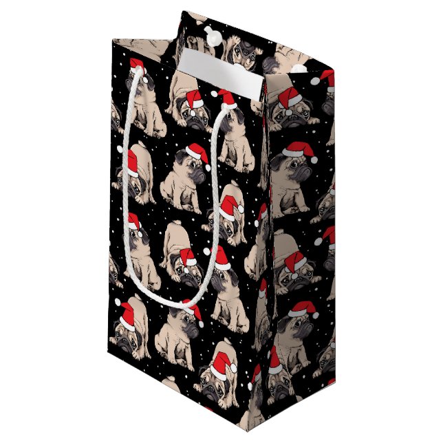 Pugs in Santa Hats Christmas Pattern Small Gift Bag (Front Angled)