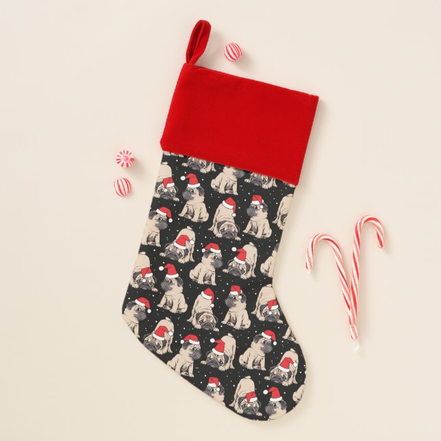 Pugs in Santa Hats Christmas Pattern Stocking (Front)