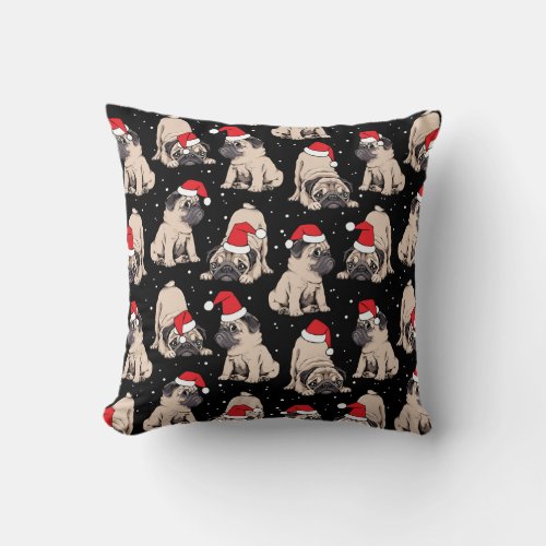 Pugs in Santa Hats Christmas Pattern Throw Pillow