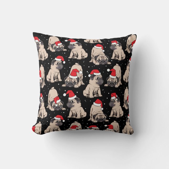 Pugs in Santa Hats Christmas Pattern Throw Pillow (Front)