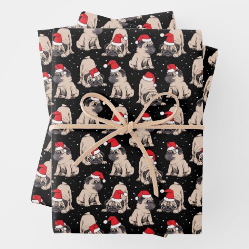 Pugs in Santa Hats Christmas Pattern Wrapping Paper Sheets