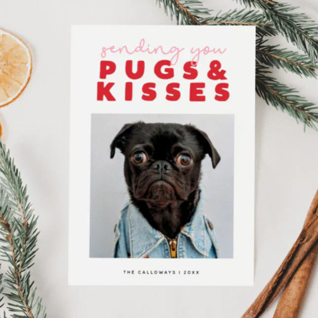 PUGS & KISSES Funny Pug Dog Christmas Holiday Card | Zazzle
