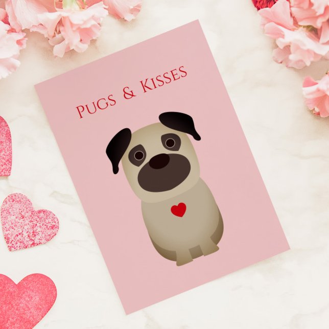 Pugs & Kisses, Pug Dog Valentine, Valentine's Day Note Card (Creator Uploaded)