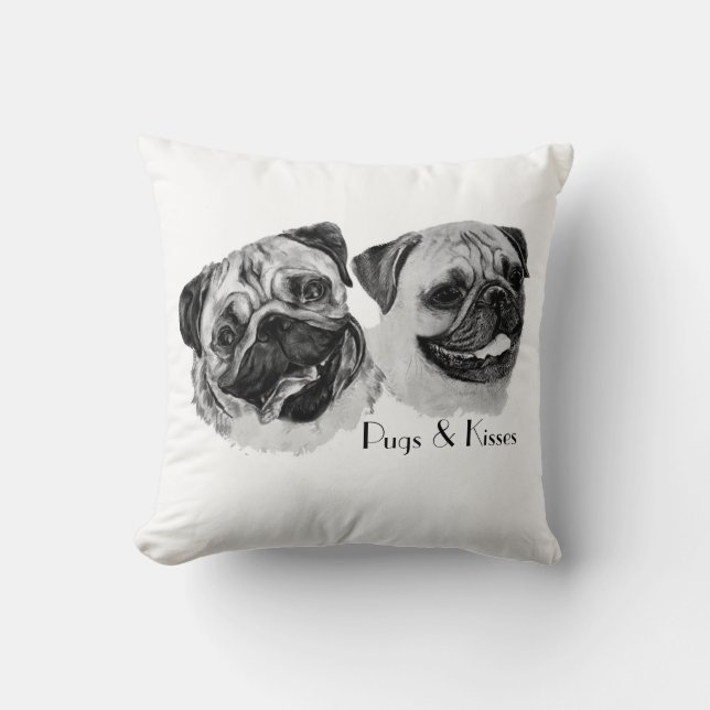 "Pugs & Kisses" Throw pillow. Pillow (Front)