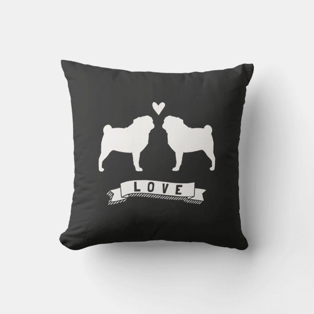 Pugs Love - Dog Silhouettes with Heart Throw Pillow (Front)