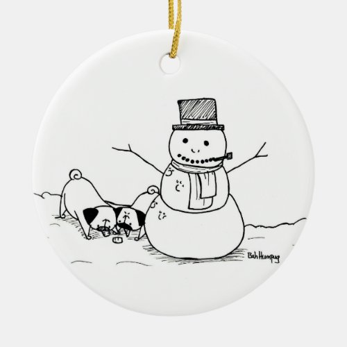 Pugs Love Snowmen Ceramic Ornament