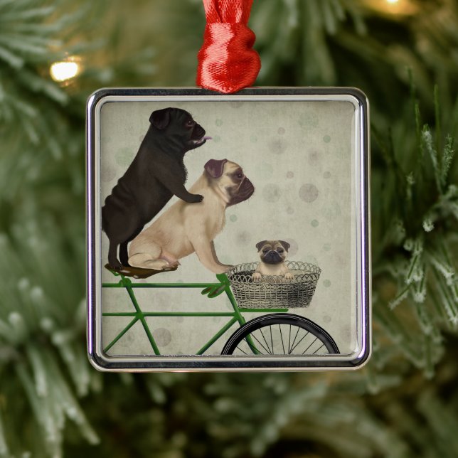 Pugs on Bicycle Metal Ornament (Tree)