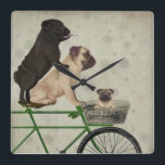 Pugs on Bicycle Square Wall Clock<br><div class="desc">Pugs on Bicycle by Fabfunky. Features pugs on a bicycle in a whimsical,  steampunk style.  | 192043D</div>
