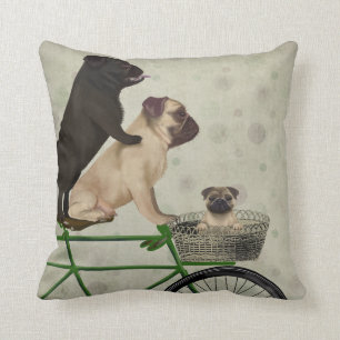 Pugs on Bicycle Throw Pillow