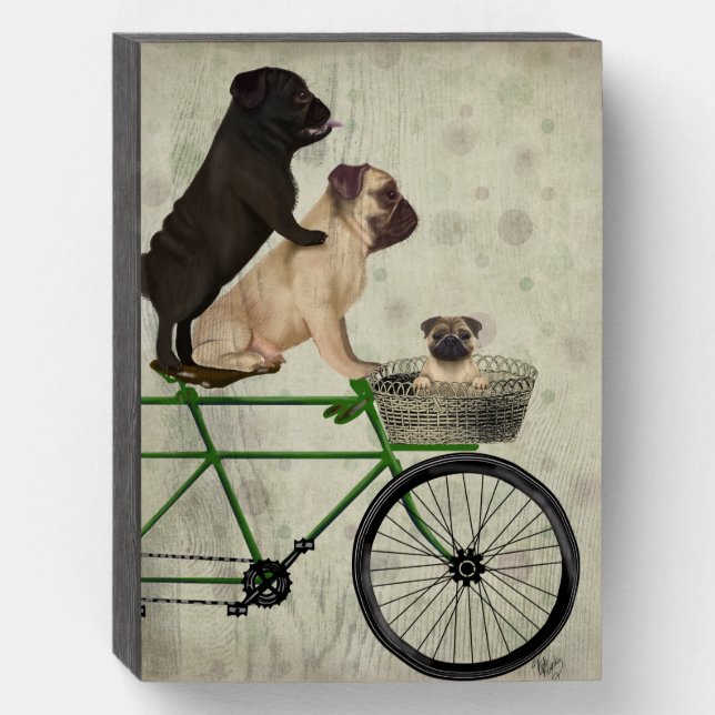 Pugs on Bicycle Wooden Box Sign (Front Vertical)