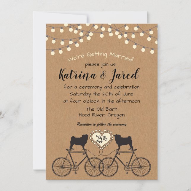 Pugs on Bikes Party Lights Wedding Invitation (Front)