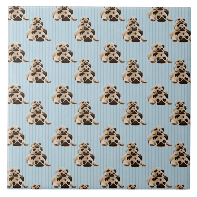 Pugs on Blue Stripes Tile (Front)