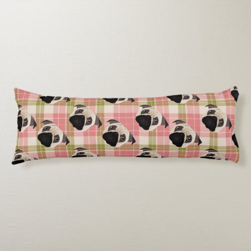 Pugs on Soft Pink Plaidjpg Body Pillow