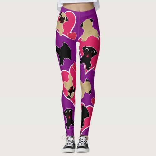 Pugs With Hearts on Purple Leggings