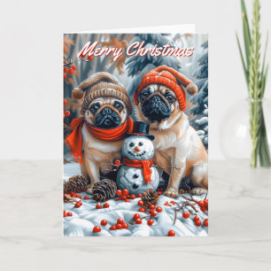 Pugs with Snowman Christmas Card