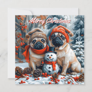 Pugs with Snowman Christmas Note Card