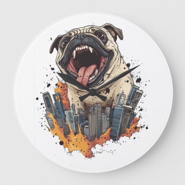 Pugzilla Attacks � Funny Monster Dog Large Clock (Front)
