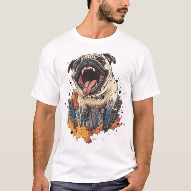 Pugzilla Attacks � Funny Monster Dog T-Shirt (Front)