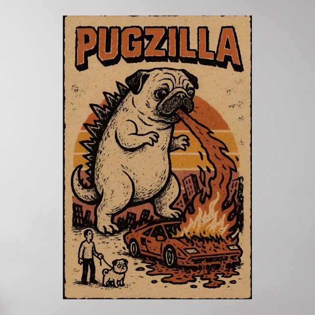 Pugzilla Poster – Cute Pug Monster Illustration (Front)