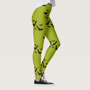 Puke Green Flying Bats Halloween Leggings by holiday_store at Zazzle