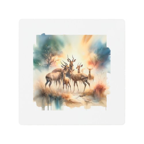 Puku Antelopes in Harmony 040624AREF117 _ Watercol Metal Print