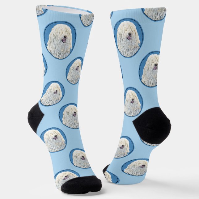 Puli Painting White Cream Cute Original Dog Art Socks (Angled)