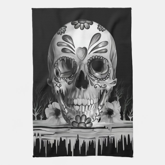 Pulled sugar, melting sugar skull towel (Vertical)