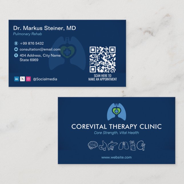 Pulmonary Rehab Business | Modern Blue Barcode Business Card (Front/Back)