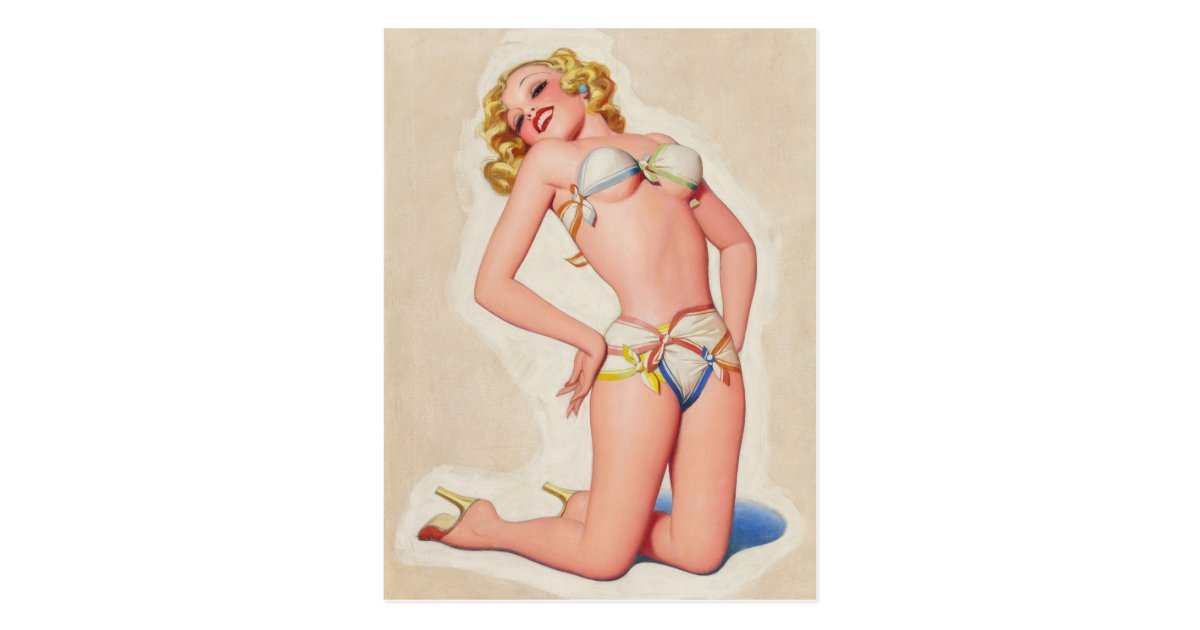 Pulp Blonde In Bikini Pinup Postcard